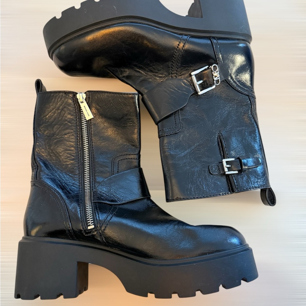Michael Kors Chic Black Leather Moto Boots with Buckle Accents